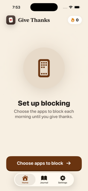 Give Thanks home screen with streak