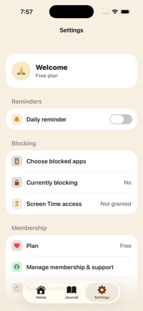 Give Thanks settings screen