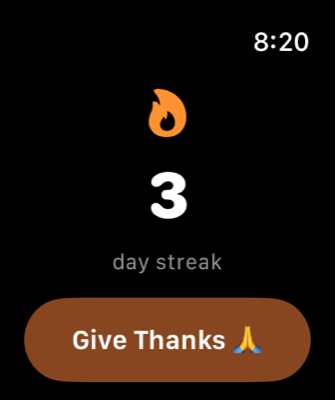 Give Thanks on Apple Watch showing a gratitude streak