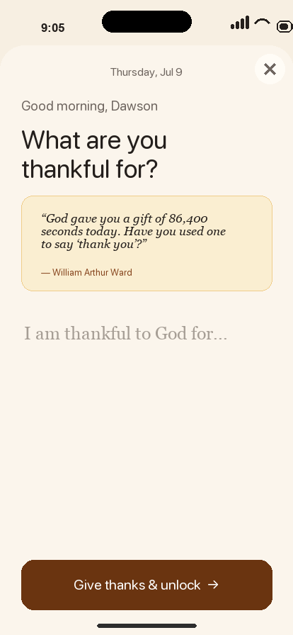 Give Thanks gratitude screen with a personalized morning prompt